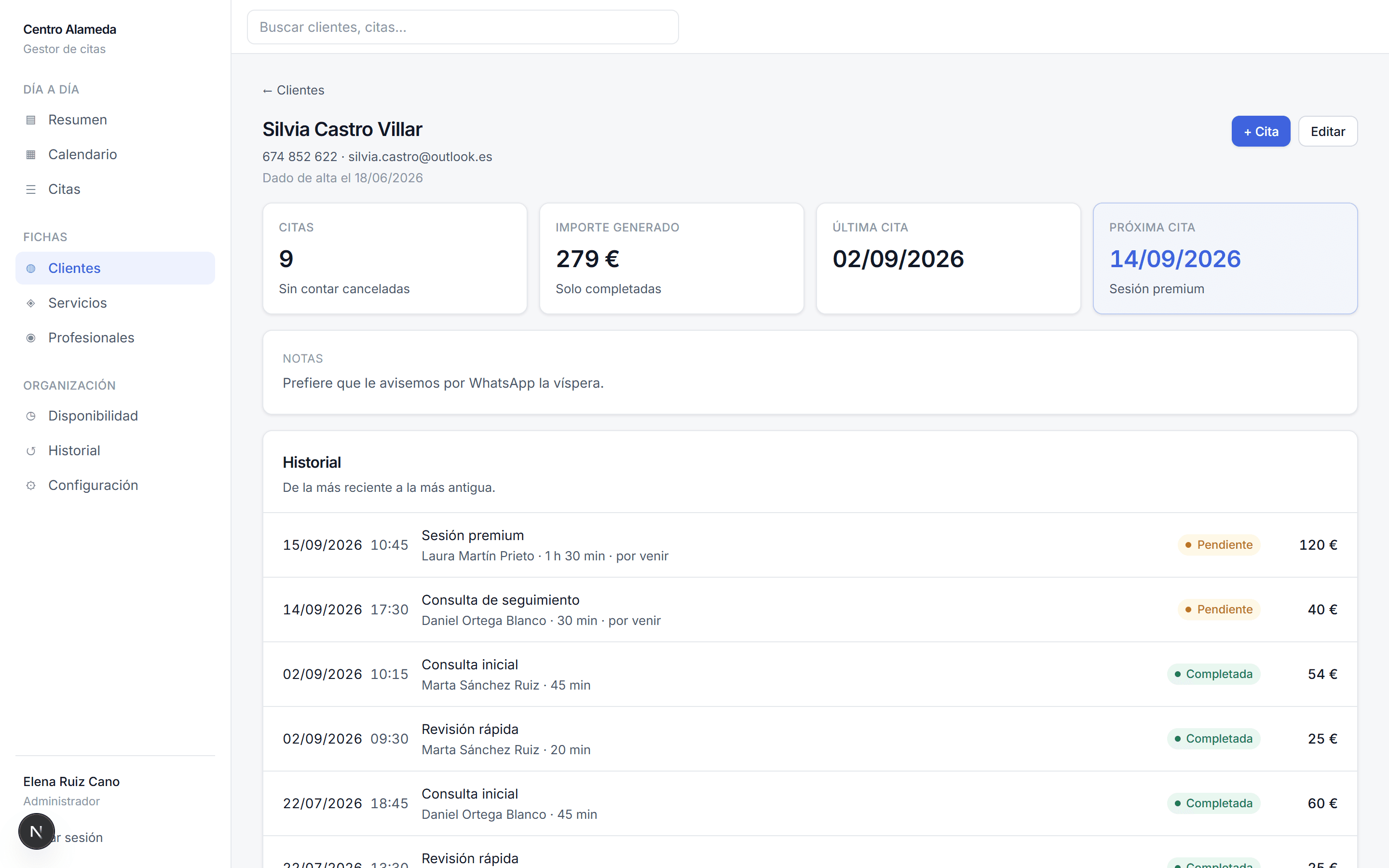 Ficha de un cliente con su historial completo de citas.