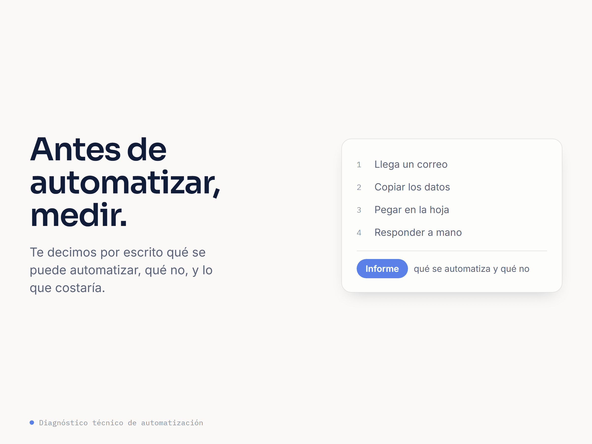 Se mide el proceso que hoy se hace a mano y se entrega por escrito qué se puede automatizar.