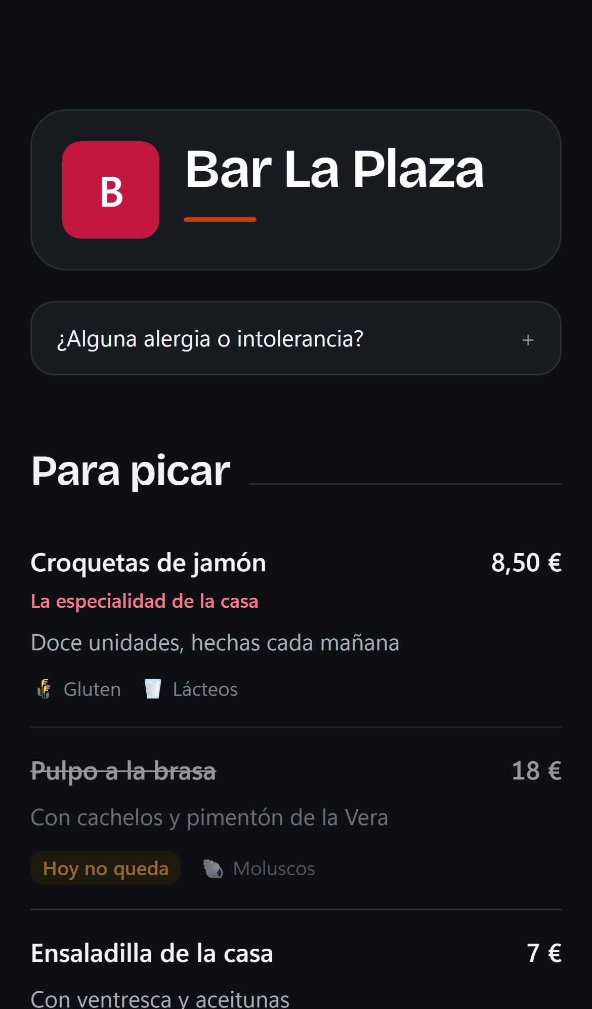 Lo que ve el cliente al escanear el QR: la carta en su móvil, con los precios de hoy y los alérgenos de cada plato.