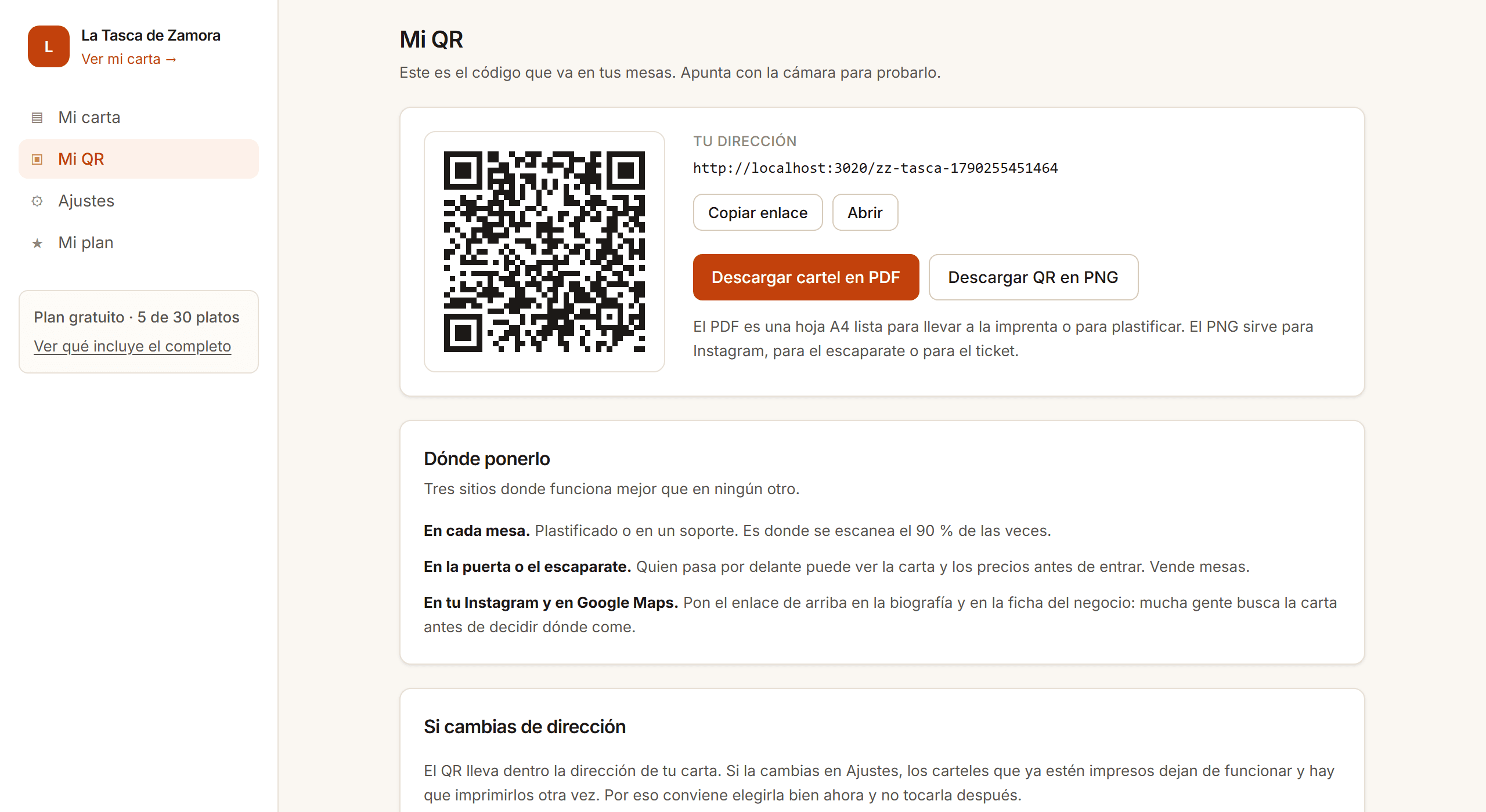 Tu código QR, descargable en PDF listo para imprimir.