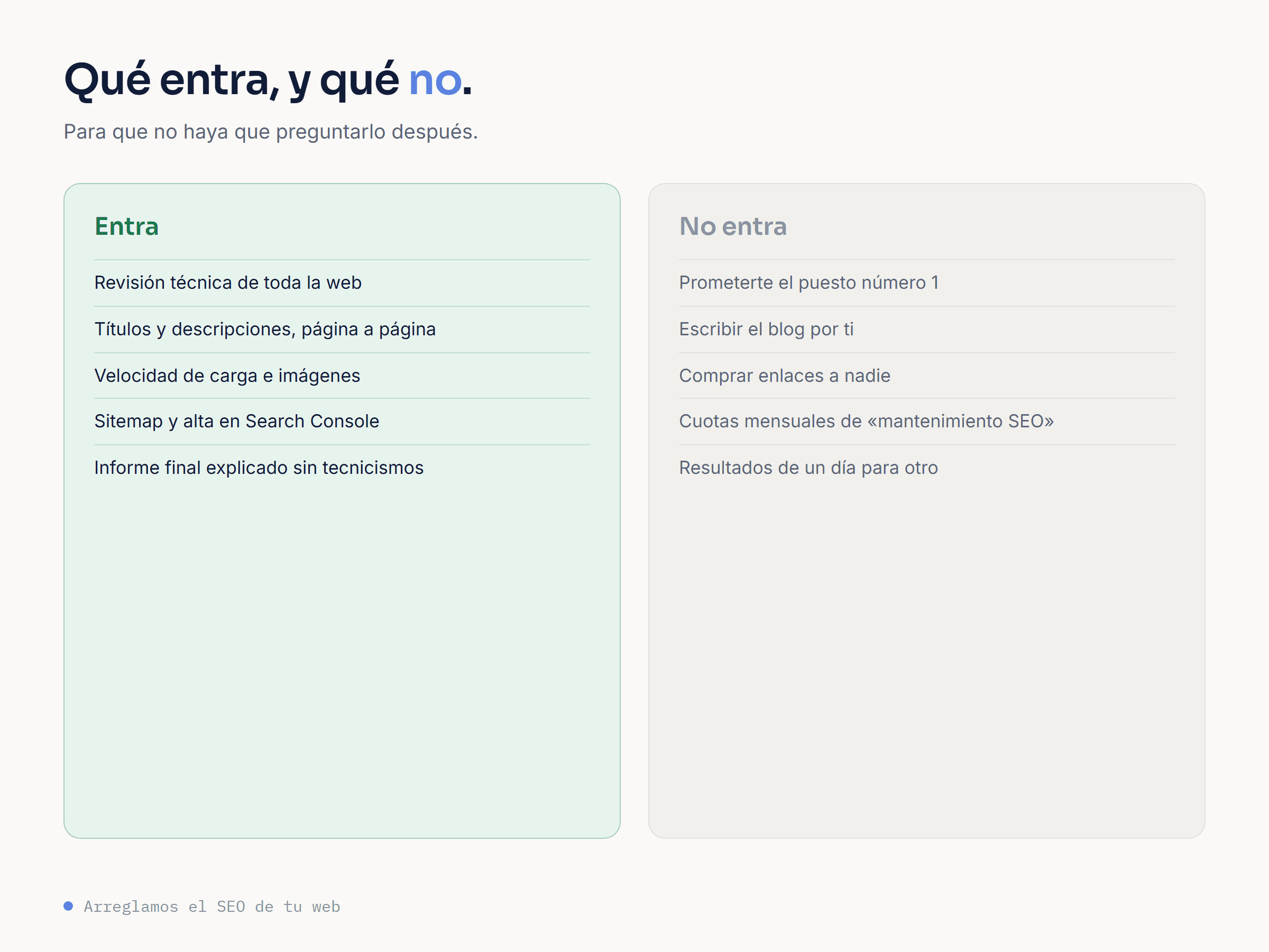 Qué entra en el trabajo y qué no: sin promesas de posición, sin comprar enlaces y sin cuotas mensuales.