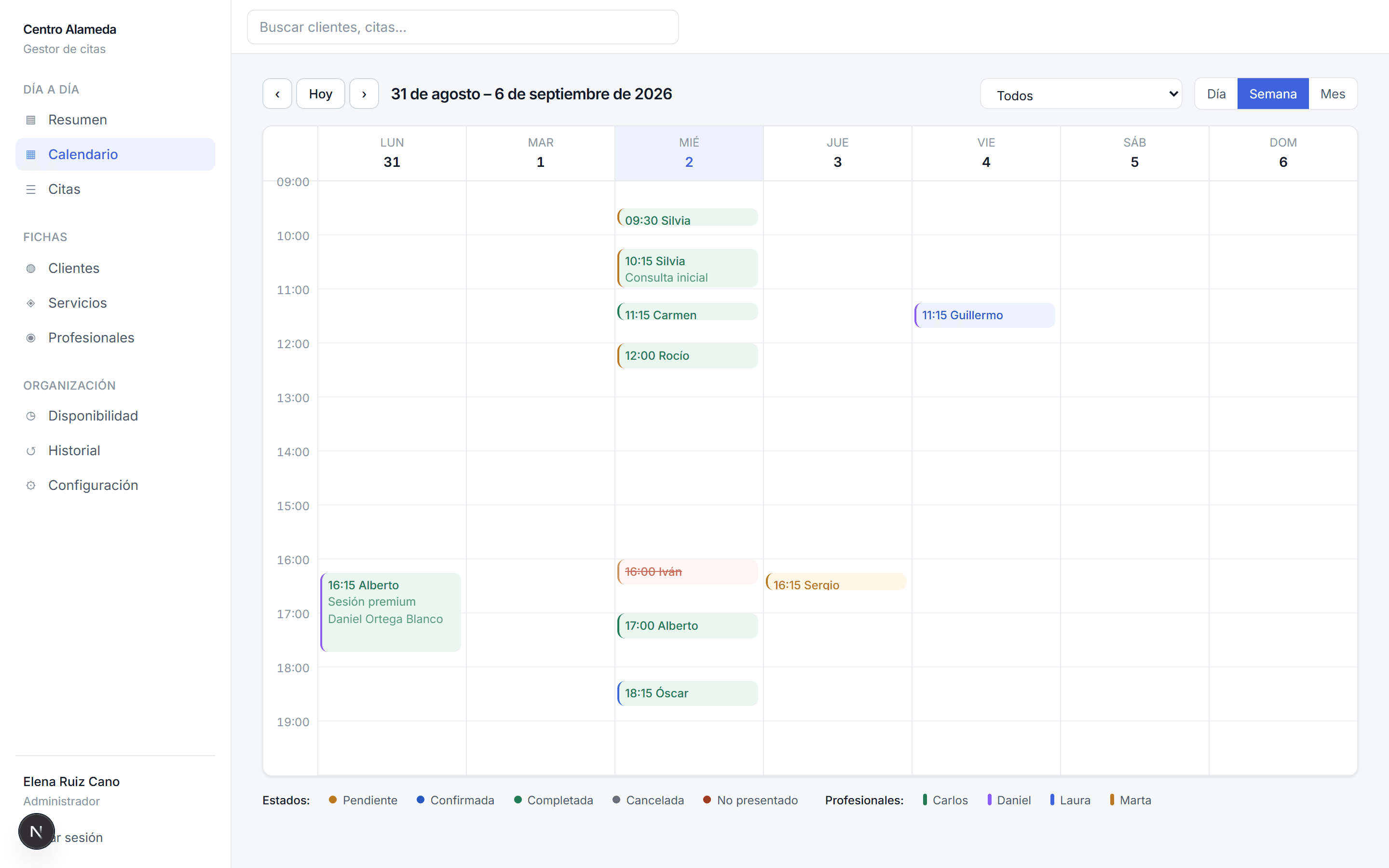 Calendario semanal con las citas colocadas por profesional y estado.